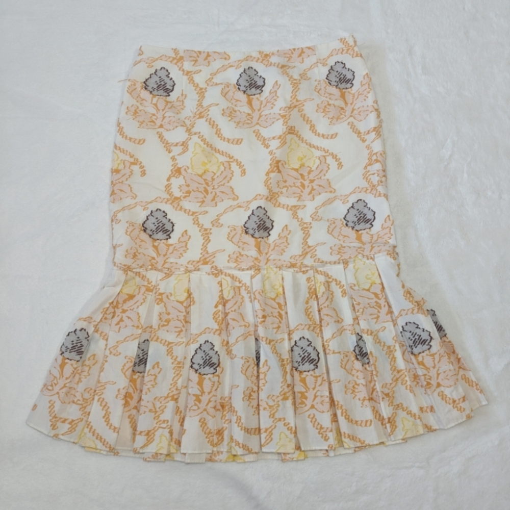 VTG David Meister Sz 4 Trumpet Pleated Midi Skirt Embroidery Floral White Orange